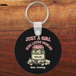 Retro "Just a Girl Who Loves Pickles" Jar Art Fun Key Ring