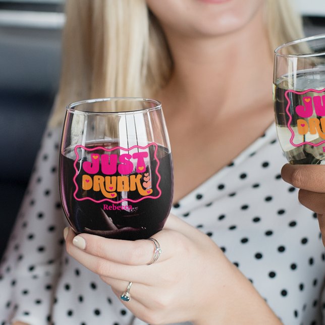 Retro Just Drunk Bachelorette Party Stemless Wine Glass (Creator Uploaded)