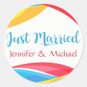 Retro Just Married Wedding Rainbow Wave Red Yellow Classic Round Sticker