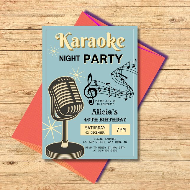 Retro Karaoke Night Party Teal & Cream Birthday Invitation (Creator Uploaded)