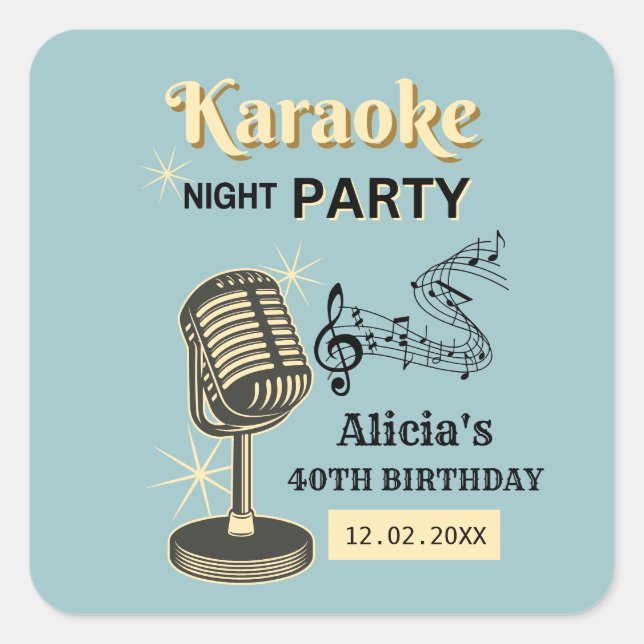 Retro Karaoke Night Party Teal & Cream Birthday Square Sticker (Front)