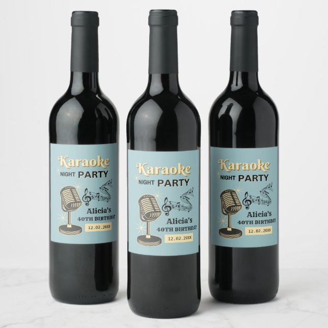 Retro Karaoke Night Party Teal & Cream Birthday Wine Label (Bottles)