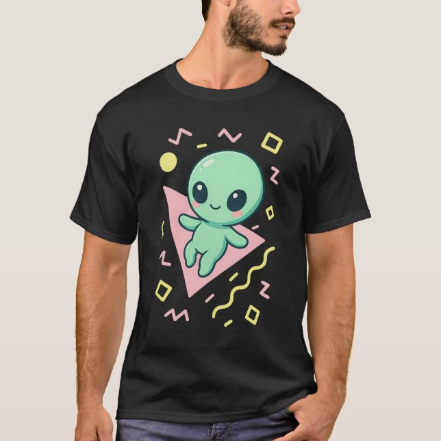 Retro Kawaii Alien on Geometric Backdrop T-Shirt (Front)