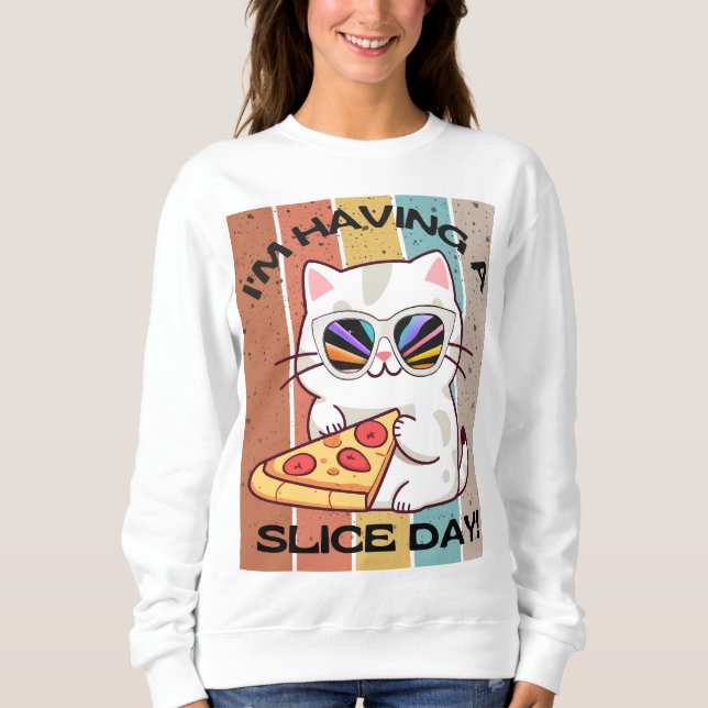 Retro Kawaii cute cat eating pizza Sweatshirt (Front)