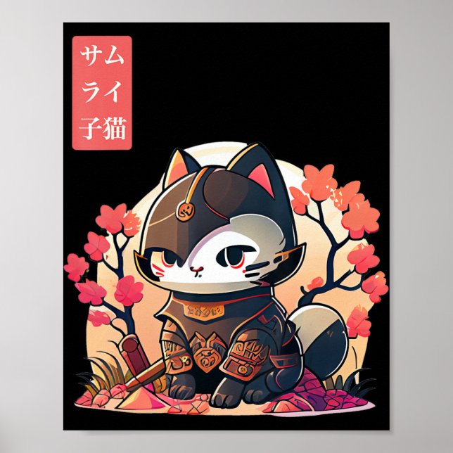 Retro Kawaii Samurai Cat with Cherry Blossom Tree  Poster (Front)