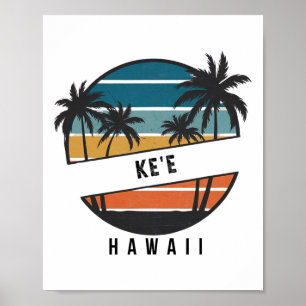 Retro Ke'e Beach Hawaii Surfboard Surfing  Poster