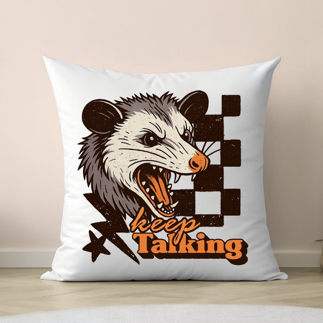 Retro Keep Talking Feral Possum: Angry Wild Animal Cushion (This keep talking feral possum design brings bold edgy humor to your day!
)