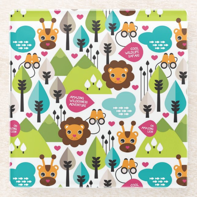 retro kids safari lion wildlife glass coaster (Front)