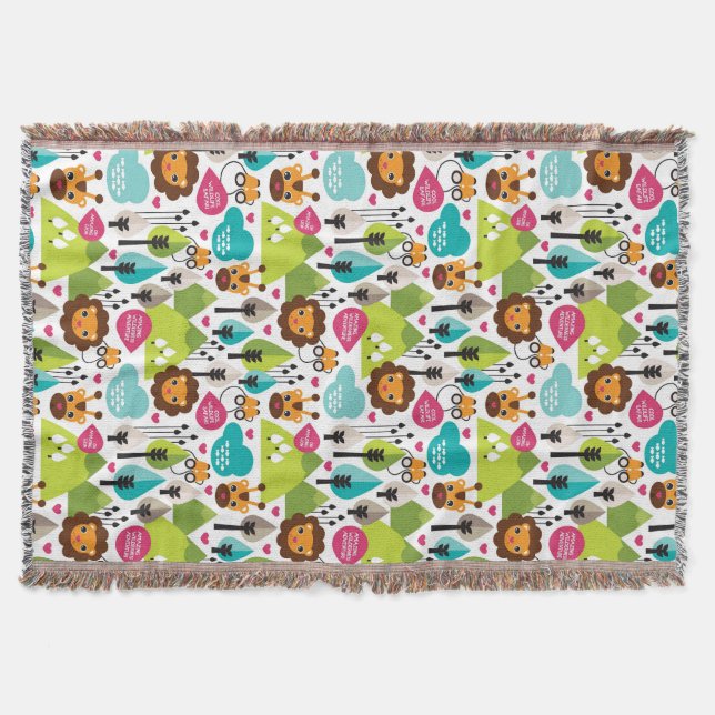retro kids safari lion wildlife throw blanket (Front)