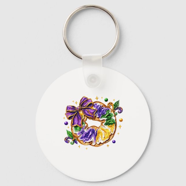 Retro King Cake Coquette Bow Beads Happy Mardi Gra Key Ring (Front)