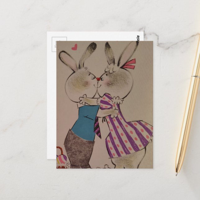 Retro Kissing Easter Bunnies Postcard (Front/Back In Situ)