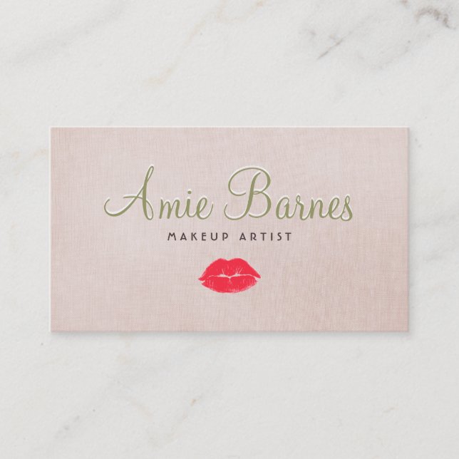Retro Kissing Lips Makeup Artist Beige Linen Look Business Card (Front)