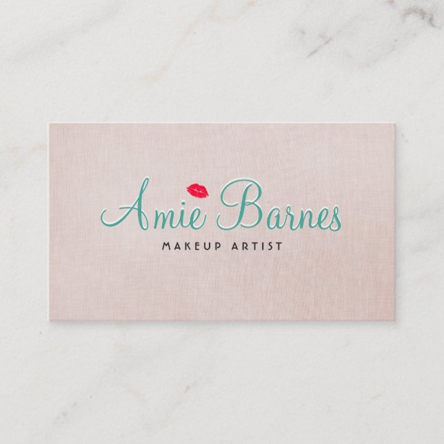 Retro Kissing Lips Makeup Artist Beige Linen Look Business Card (Front)