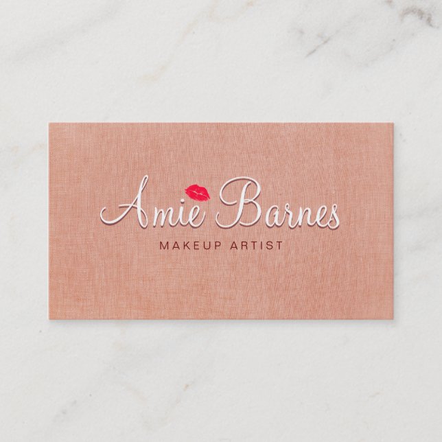 Retro Kissing Lips Makeup Artist Peach Linen Look Business Card (Front)