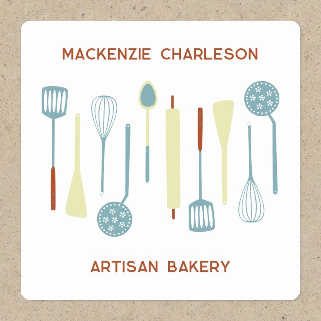 Retro Kitchen Bakery Cafe Catering Square Sticker (Retro kitchen utensil design sticker with custom text for bakery, catering business, cafe and more)