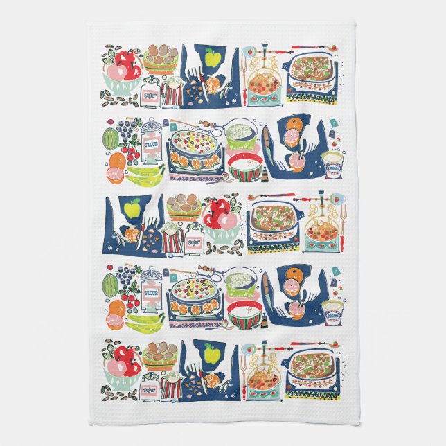 Retro Kitchen Cook Book Illustration Navy Blue Tea Towel (Vertical)