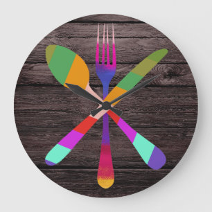 Retro Kitchen Cooking on Wood Large Clock