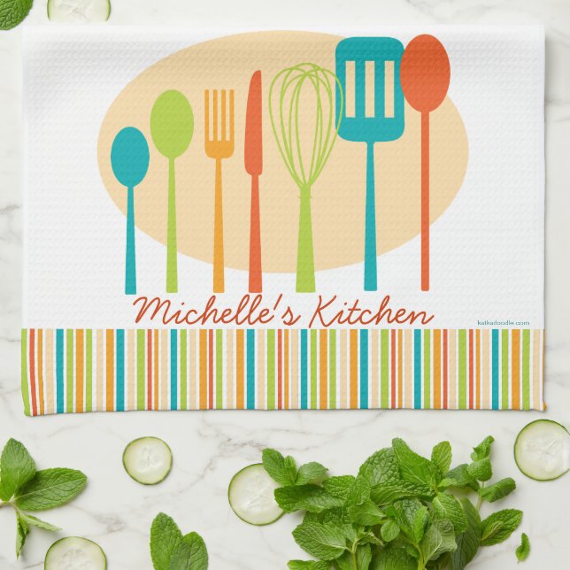 Retro Kitchen Cooking Utensils Personalised Towel (Folded)