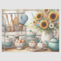 Retro Kitchen Dishes Teapot and Sunflowers