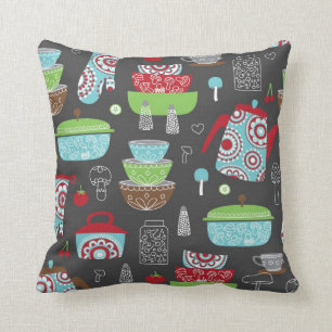 Retro Kitchen Pyrex and Mushroom Pattern Artwork Cushion