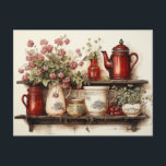 Retro Kitchen Shelf Red White Dishes Coffee Pot Postcard<br><div class="desc">Digital image of a vintage,  country kitchen shelf. Retro red and white vases,  pitcher,  coffee pot,  cups and jars.  There are red flowers in a white pitcher and red cherry tomatoes on the shelf.</div>