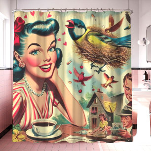 Retro Kitsch 1950s Girl Illustration Shower Curtain