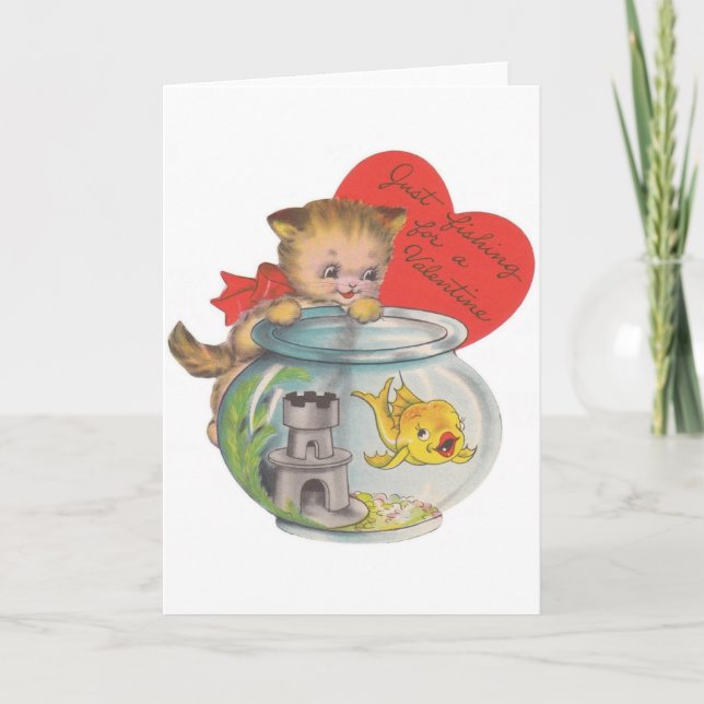 Retro Kitten and Fish Valentine Card (Front)