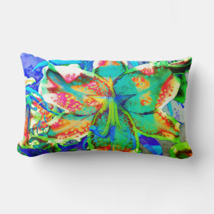 Retro kiwi Lily, abstract colourful lily Lumbar Cushion