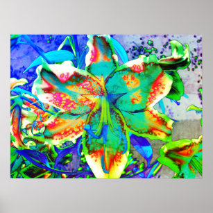 Retro kiwi lime, abstract green teal tropical lily poster