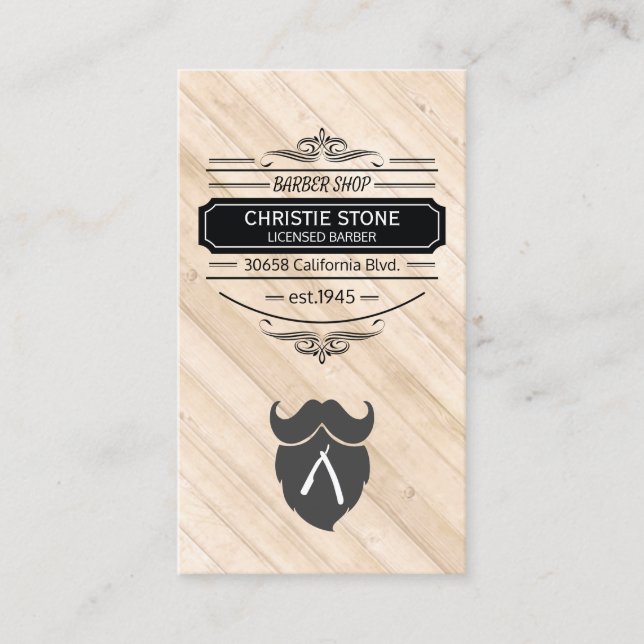 Retro Label Barber Blade and Beard Wood Panel Business Card (Front)