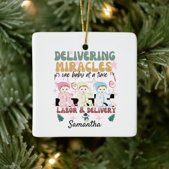 Retro labour and delivery nurse Christmas  Ceramic Ornament (Tree)