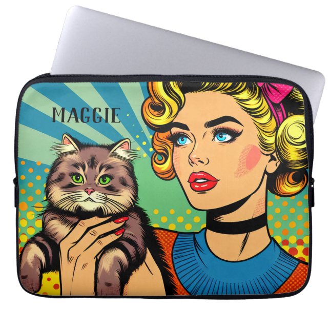 Retro Lady and Cat Personalised Laptop Sleeve (Front)