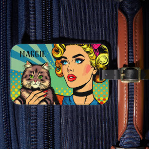 Retro Lady and Cat Personalised Luggage Tag