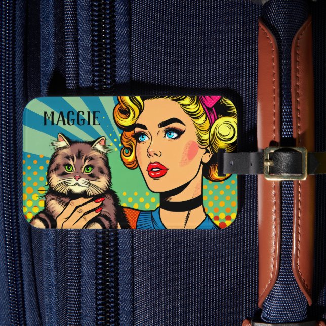 Retro Lady and Cat Personalised Luggage Tag (Front Insitu 4)