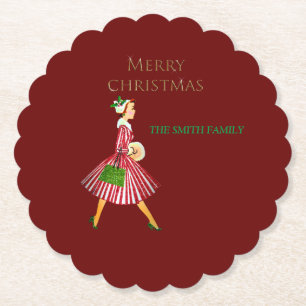 Retro lady and christmas red paper coaster