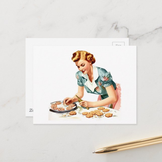 Retro Lady Baking Cookies Postcard (Front/Back In Situ)