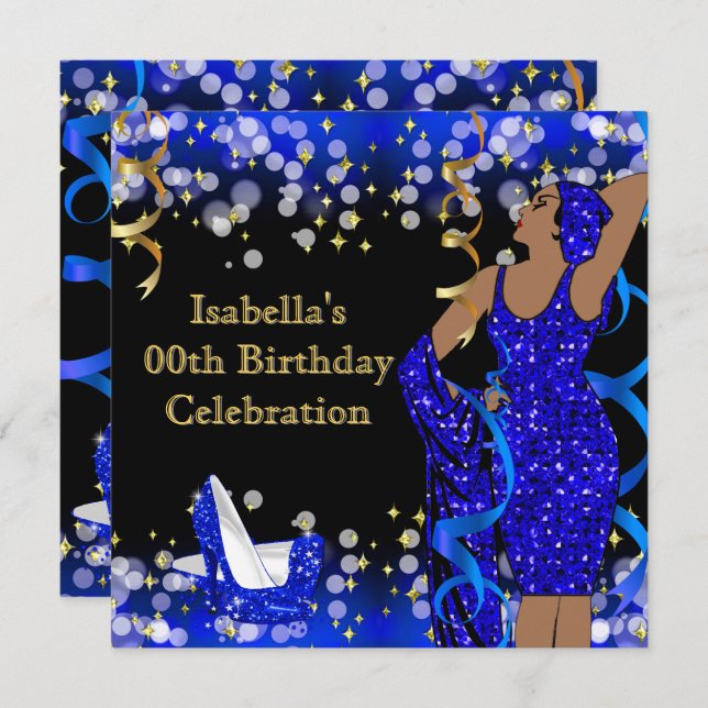 Retro Lady Blue Gold Glitter High Heels Birthday Invitation (Front/Back)