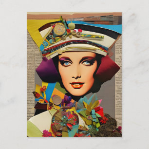 Retro Lady Colourful Mixed Media Collage Abstract Postcard