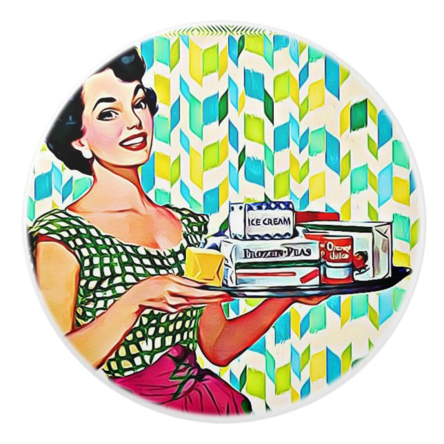 Retro Lady in kitchen Vintage Ceramic Knob (Front)