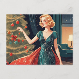 Retro Lady in Pretty Dress, Christmas Tree  Holiday Postcard
