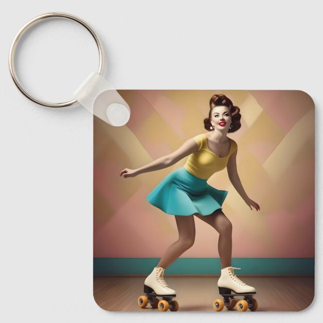Retro Lady Roller Skating Backwards, Key Ring (Front)