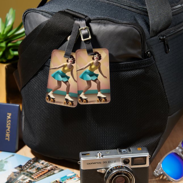 Retro Lady Roller Skating Backwards, Luggage Tag (Front & Back)