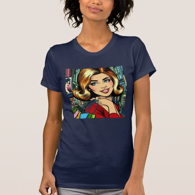 Retro Lady with Shopping Bags Mid Century T-Shirt (Front)