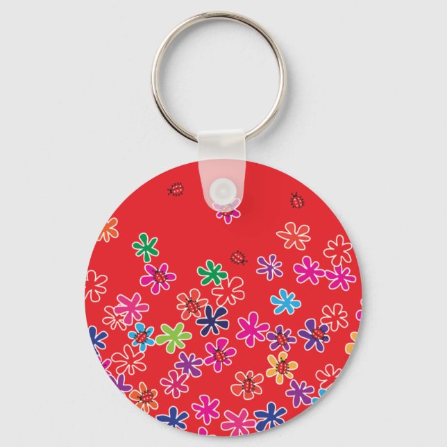 Retro Ladybugs and flowers Key Ring (Front)
