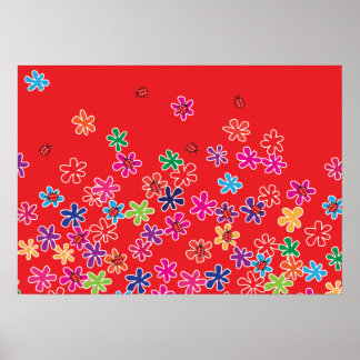 Retro Ladybugs & Flowers Poster