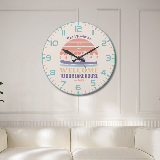 Retro Lake House Family Name Large Clock (Creator Uploaded)