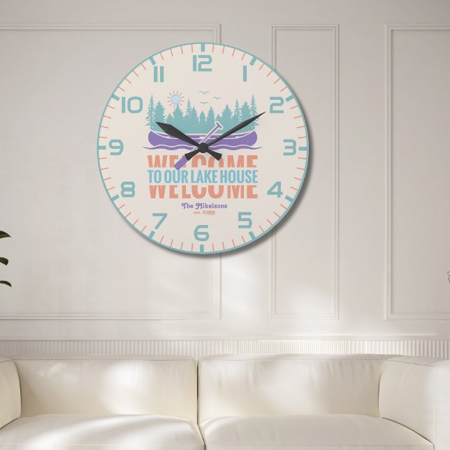 Retro Lake House Family Name Large Clock (Creator Uploaded)