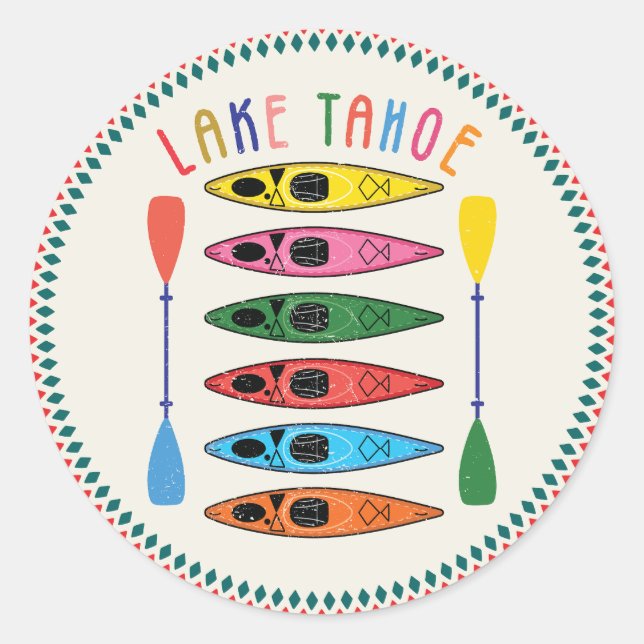 Retro Lake Tahoe Kayaking Classic Round Sticker (Front)
