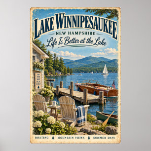 Retro Lake Winnipesaukee New Hampshire Travel Poster