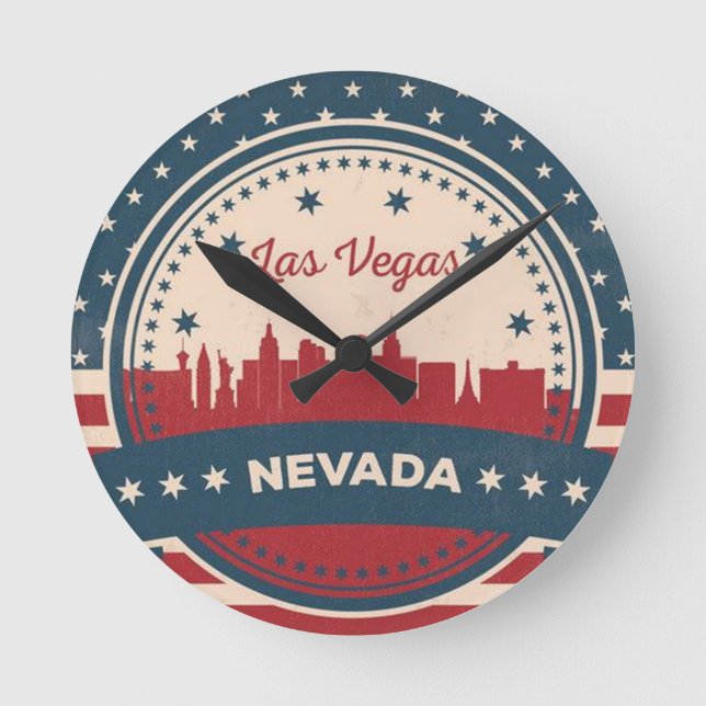 Retro Las Vegas Skyline Round Clock (Front)